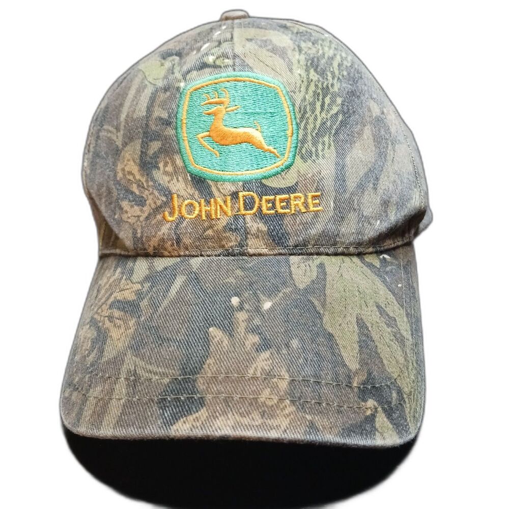 Vintage John Deere Green Strapback Cap Mossy Oak Camo Hat VGUC